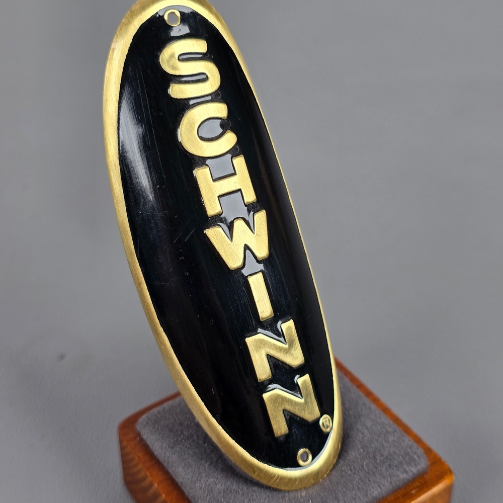 Vintage Schwinn Bicycle Head Badge Metal Emblem Black Gold Oval 3.75 Inch READ